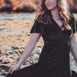 Emerald green velvet tie front dress